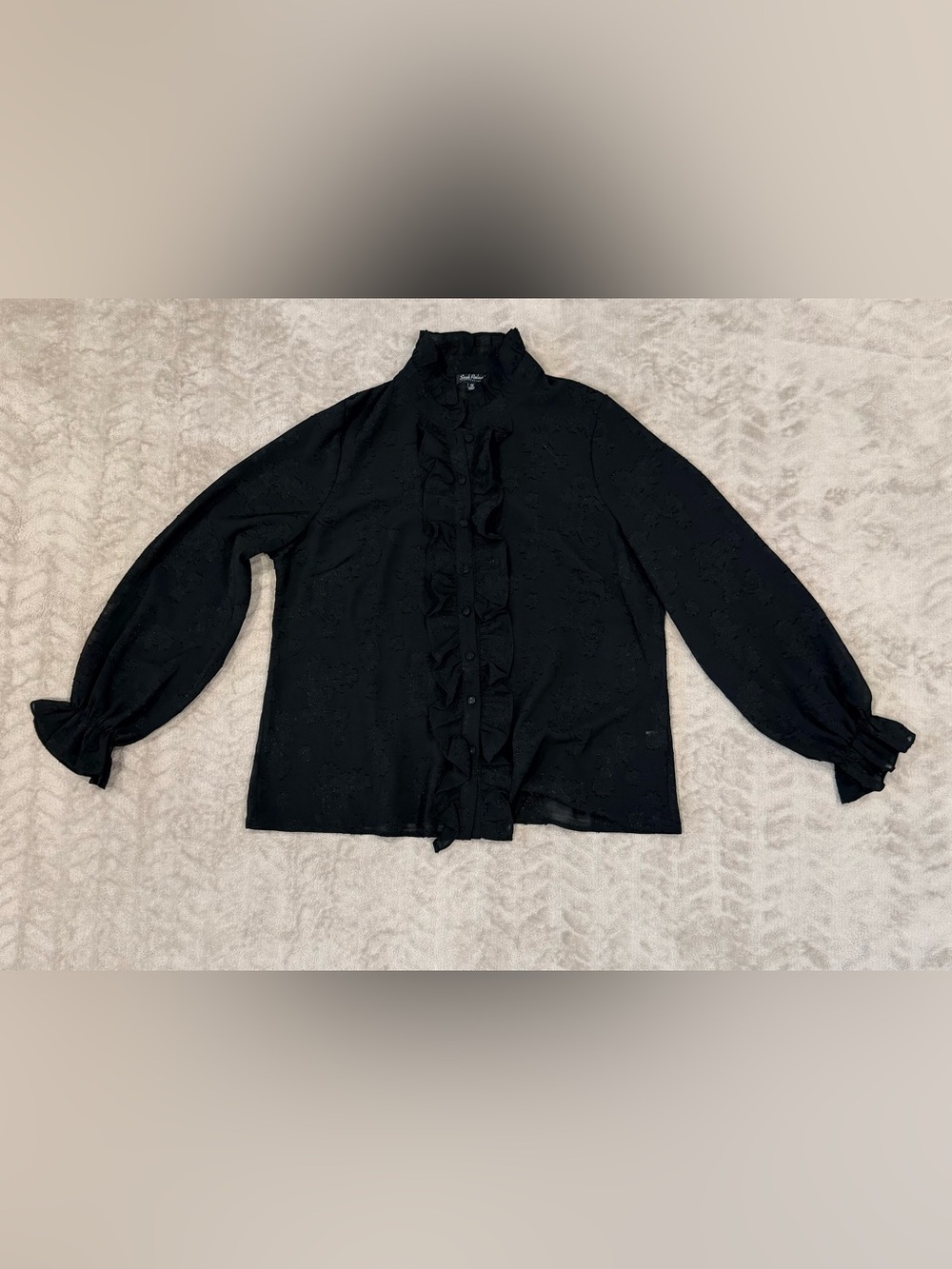 Smak Parlour Women 1X Black Sheer Floral Dark Crocette Ruffle Blouse Long Sleeve